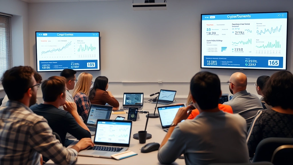 A diverse group of people in a digital classroom environment learning cryptocurrency analysis from a legitimate educational platform, with transparent performance metrics and credentials displayed on screens
