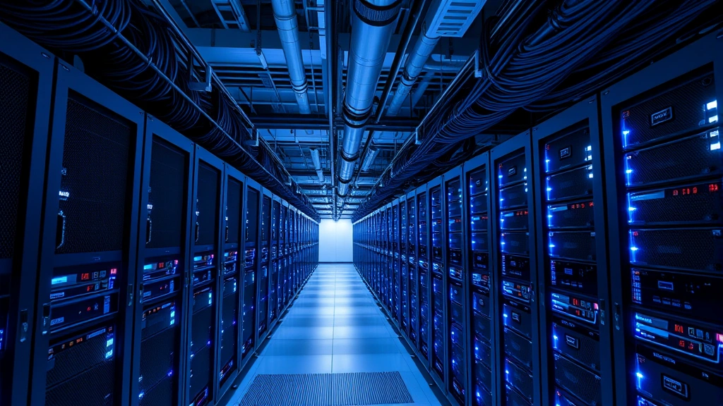 Industrial Bitcoin mining operation with rows of ASIC miners running in a climate-controlled data center, blue LED lights illuminating the equipment, cables organized above machines, no visible text or charts