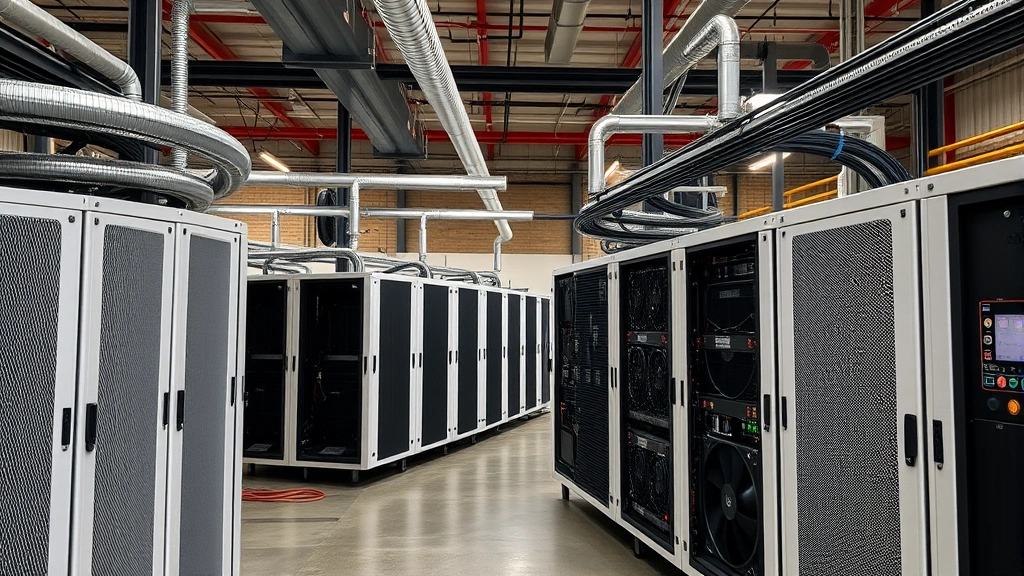 Cryptocurrency mining farm with cooling systems, power infrastructure, and multiple mining rigs operating simultaneously in a warehouse environment, professional industrial setup, no text visible