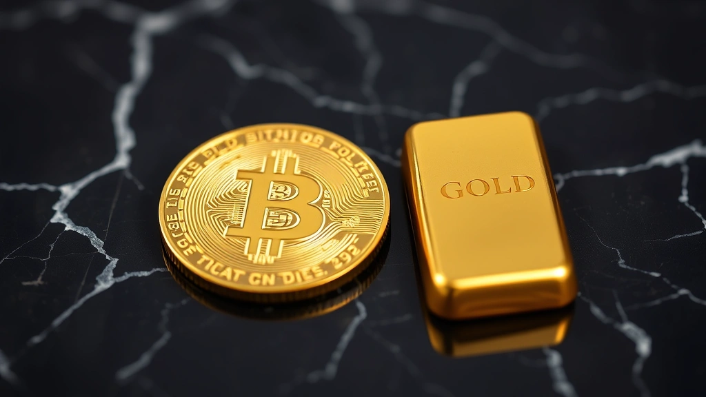 Cryptocurrency Bitcoin coin and gold bullion bars side by side on a dark marble surface, representing digital versus precious metal investment comparison, professional photography, shallow depth of field