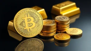 Photorealistic image of physical Bitcoin coin next to a stack of gold bars and gold coins on a dark reflective surface, showing contrast between digital and traditional assets, professional lighting, no text or numbers