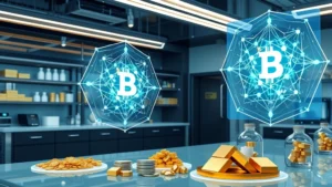 Photorealistic image of a sleek laboratory workspace with holographic displays showing interconnected blockchain nodes and precious metals, representing the intersection of digital and traditional finance