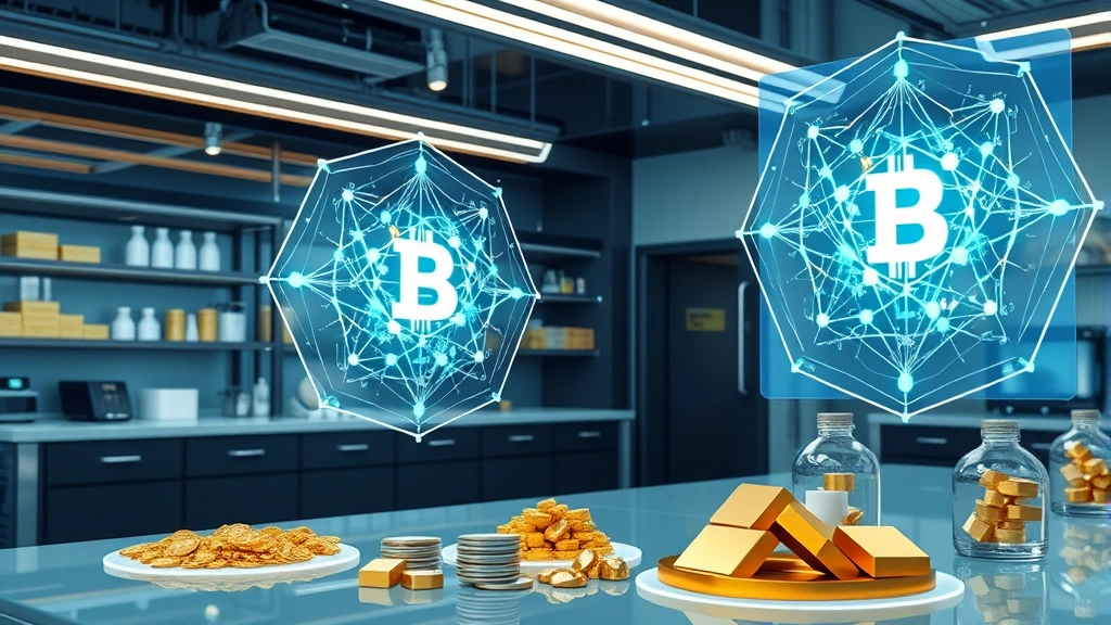 Photorealistic image of a sleek laboratory workspace with holographic displays showing interconnected blockchain nodes and precious metals, representing the intersection of digital and traditional finance