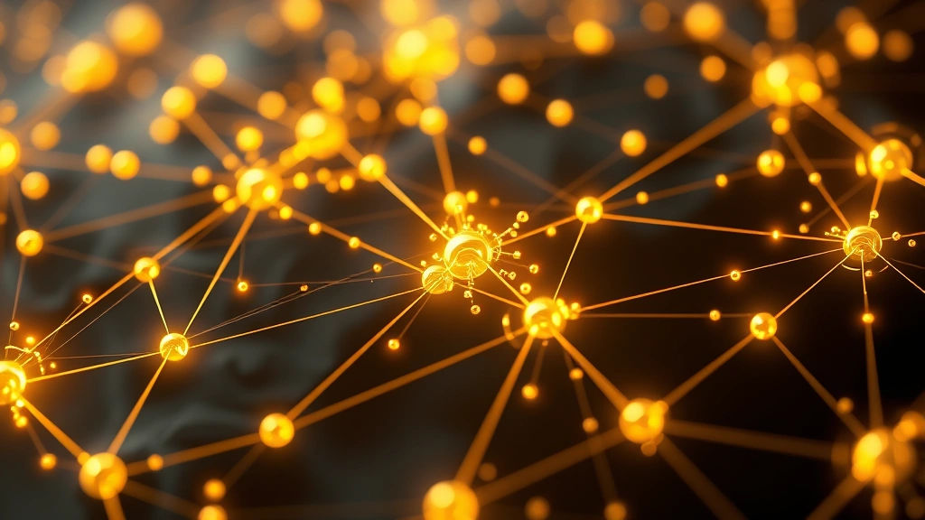 Abstract digital representation of cryptocurrency blockchain technology with golden light particles flowing through interconnected nodes, futuristic financial network visualization, photorealistic 3D rendering