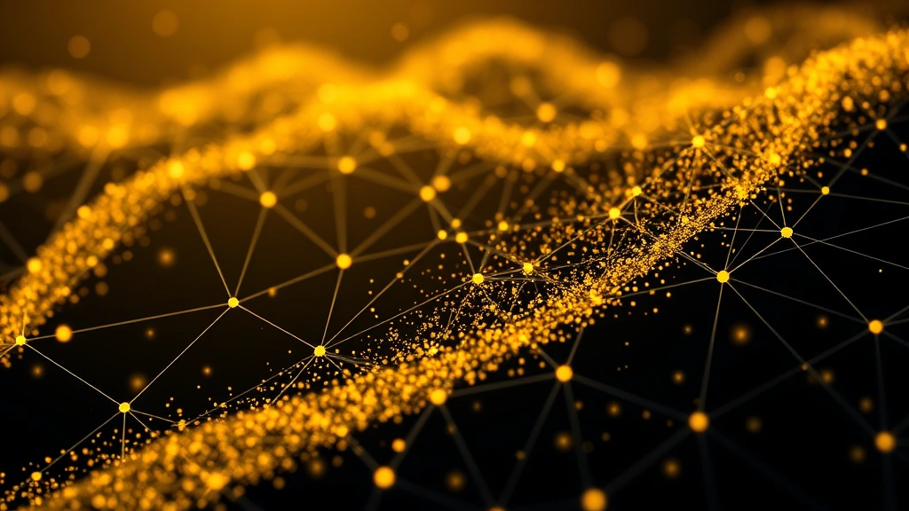 Blockchain network nodes and gold dust particles flowing together in abstract visualization, symbolizing convergence of digital and traditional asset classes, modern aesthetic, dark background with golden lighting