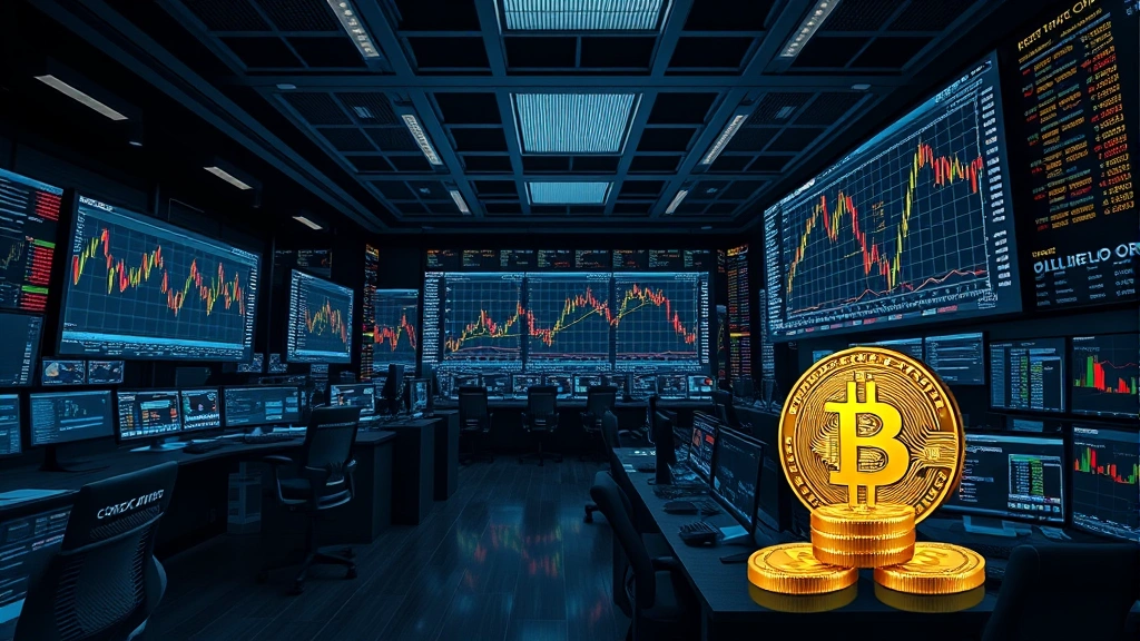 Photorealistic image of a modern financial trading floor with sophisticated computer systems analyzing real-time market data, with subtle gold and bitcoin imagery integrated into the visual design