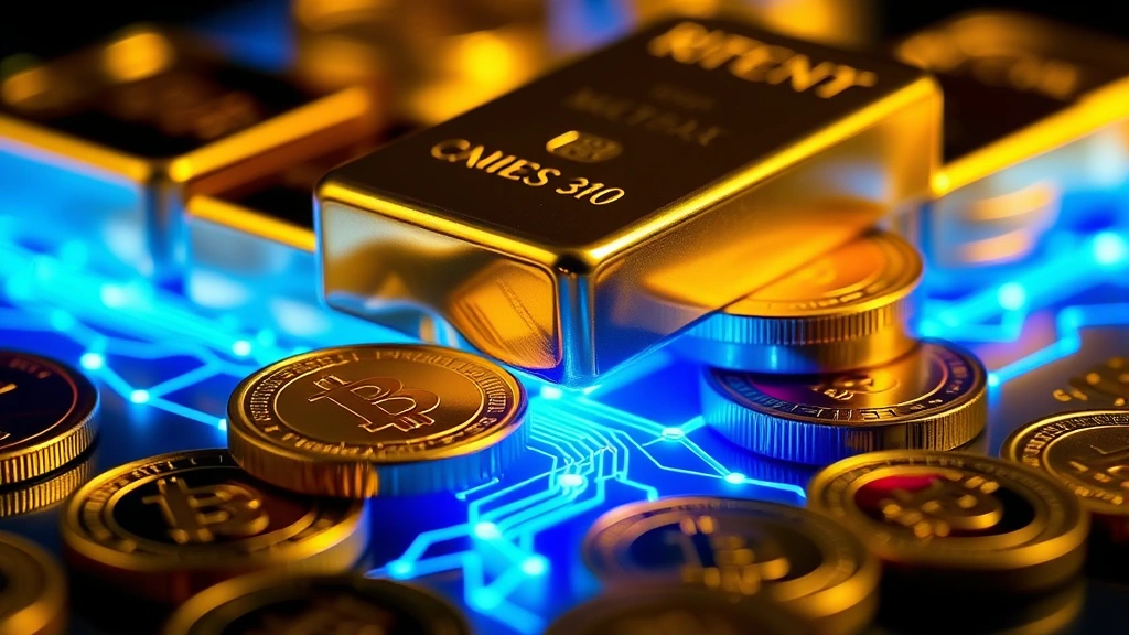Close-up of physical gold bars and coins with digital blue light emanating from beneath, symbolizing intersection of traditional wealth and digital currency, professional product photography style