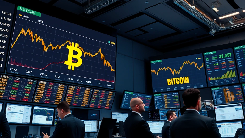 Global financial markets trading floor with Bitcoin and gold price charts displayed on screens, investors analyzing data, institutional investment environment, professional corporate setting