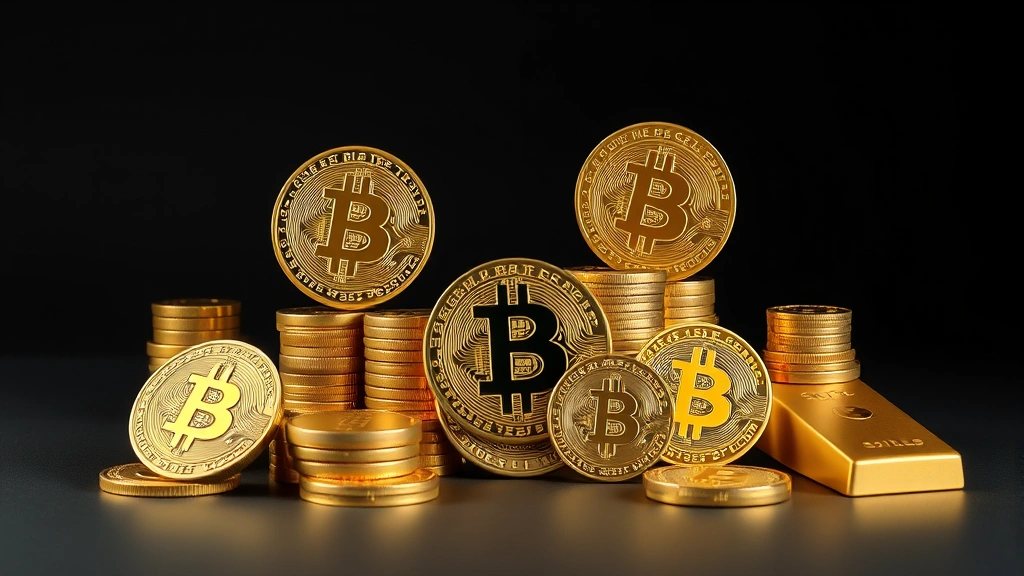 Photorealistic image of a modern investment portfolio represented by Bitcoin symbols and gold bars arranged together in a balanced composition, showing diversification concept, professional studio lighting, no text elements