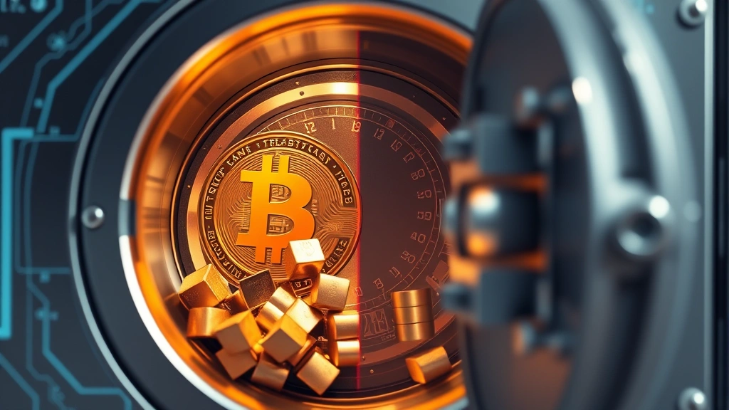 Photorealistic image of a secure digital vault containing both digital elements and physical precious metals, symbolizing diversified asset storage and modern portfolio management strategies