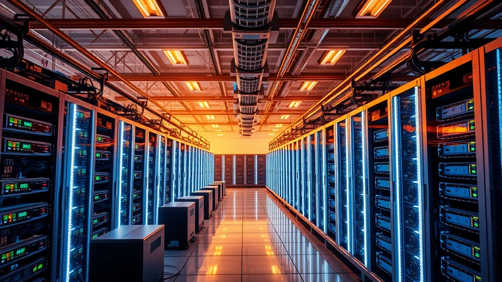 Landscape view of modern cryptocurrency mining facility with rows of computer hardware and cooling systems, golden and blue ambient lighting, industrial architecture photography