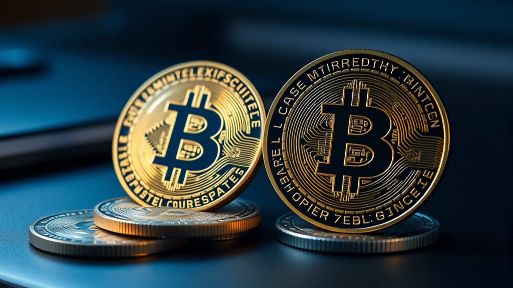 Close-up of Bitcoin and Monero cryptocurrency coins side-by-side on a sleek dark desk with soft blue and orange lighting, photorealistic metallic surfaces, no text