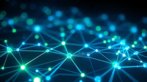 Photorealistic image of a blockchain network visualization with interconnected nodes glowing blue and green, showing data flowing through transparent digital connections, modern tech aesthetic, no text or labels