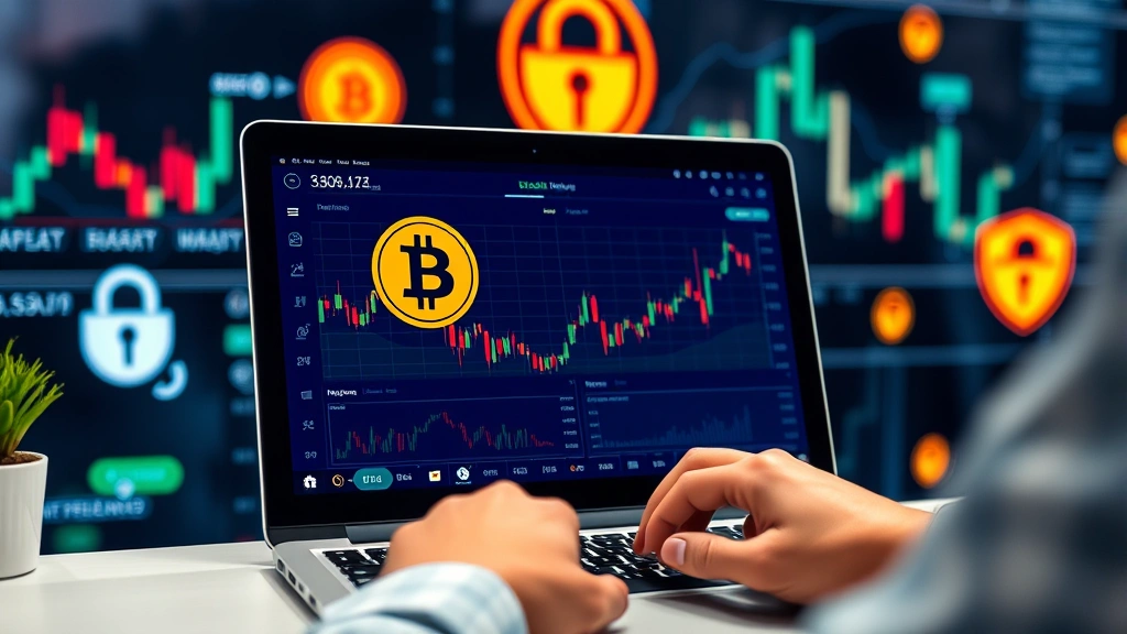 Person using laptop displaying cryptocurrency trading interface with Bitcoin and Monero charts in background, secure environment with padlock symbols, photorealistic modern workspace, no text