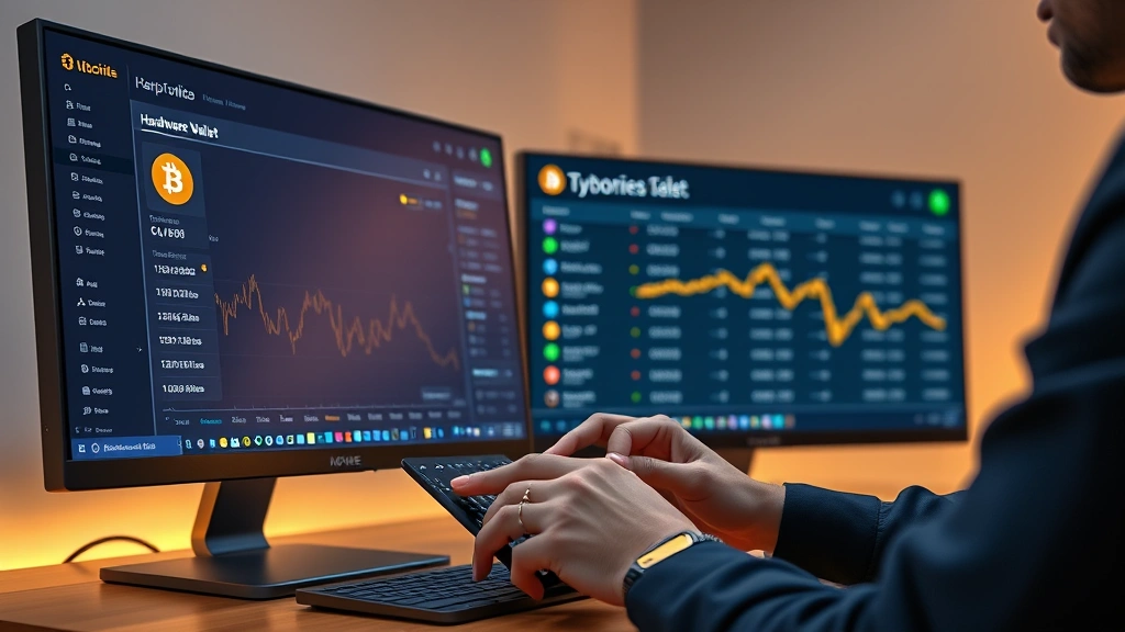 Photorealistic image of a person using a hardware wallet device next to a computer screen displaying cryptocurrency portfolio, modern minimalist setting with warm lighting, professional appearance, no visible text on screens