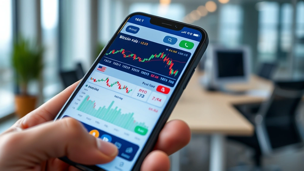 Close-up of a smartphone displaying a cryptocurrency trading dashboard with Bitcoin price charts, candlestick patterns, and real-time market data, hands holding phone against a blurred modern office background