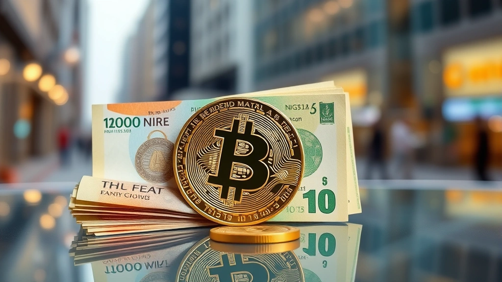 Nigerian naira banknotes and Bitcoin coin arranged together on a modern glass surface, symbolizing currency exchange and digital financial integration, with soft bokeh background of financial district