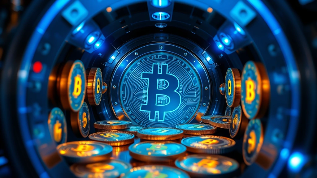 Photorealistic image of glowing Bitcoin coins arranged in a secure vault with blue light, showing immutability and store of value concept, high-tech environment, professional photography style