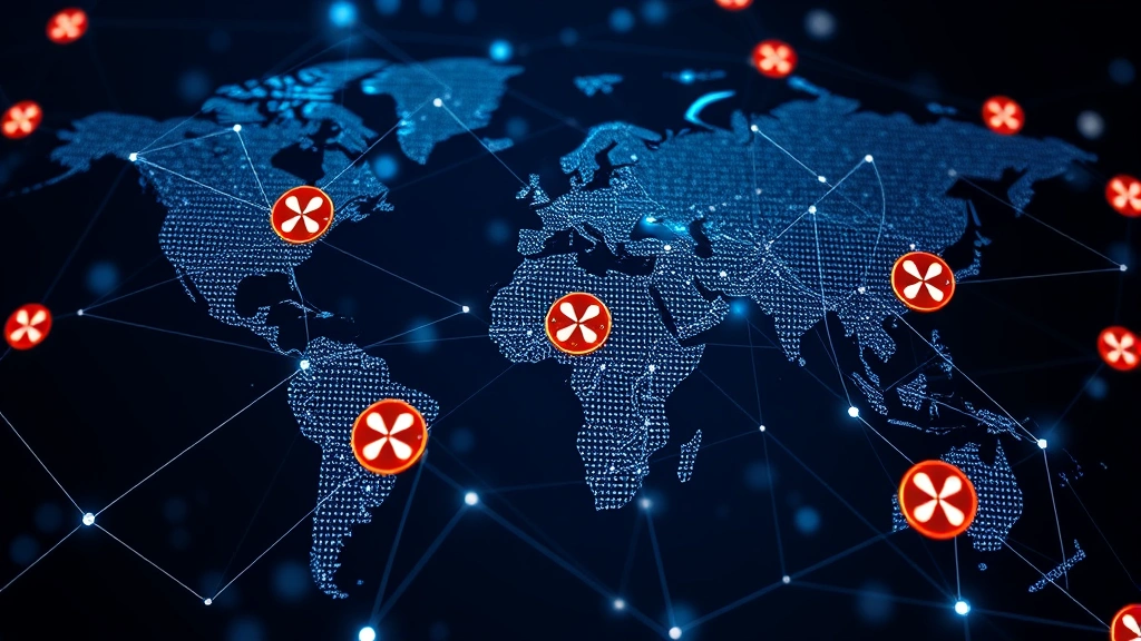 Photorealistic image of interconnected global financial network nodes with XRP token symbols, representing institutional payment networks and cross-border transactions, digital pathways connecting continents
