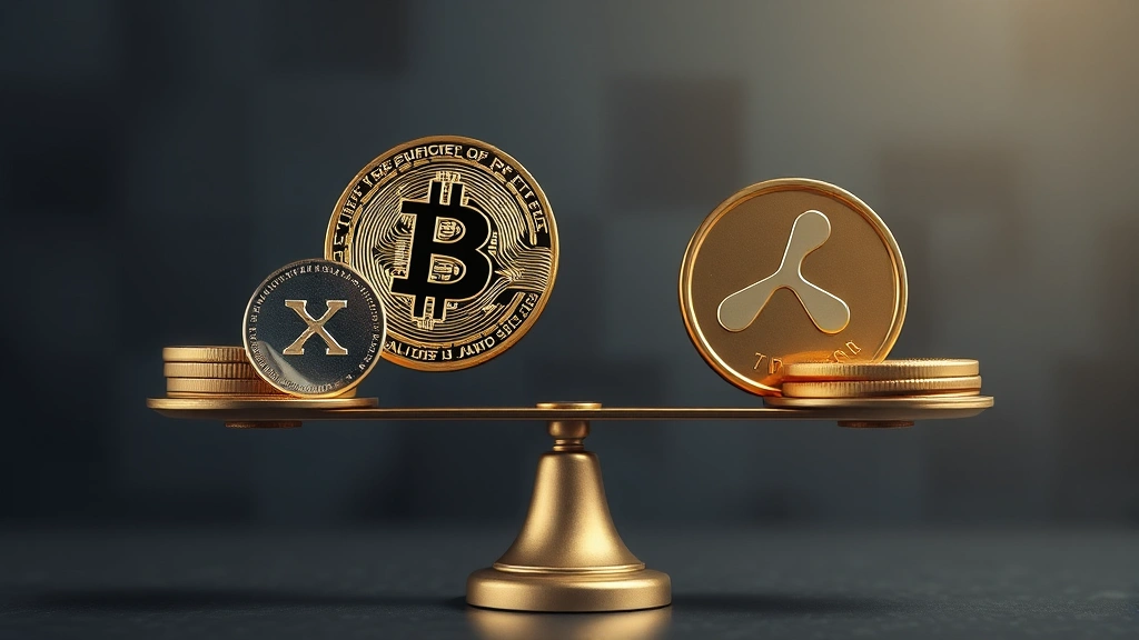 Photorealistic image of cryptocurrency portfolio diversification visualization with Bitcoin and XRP tokens balanced on a scale, representing investment decision-making and risk management concepts
