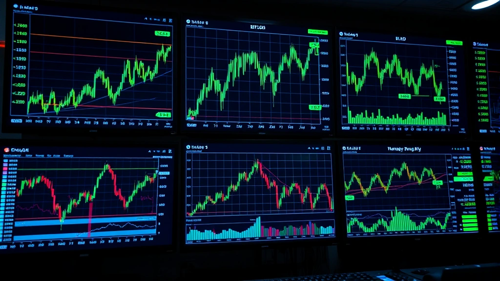 Photorealistic digital dashboard displaying real-time Bitcoin price charts, candlestick patterns, and blockchain transaction data flowing across multiple screens with blue and green metrics, professional cryptocurrency trading environment, no text overlays