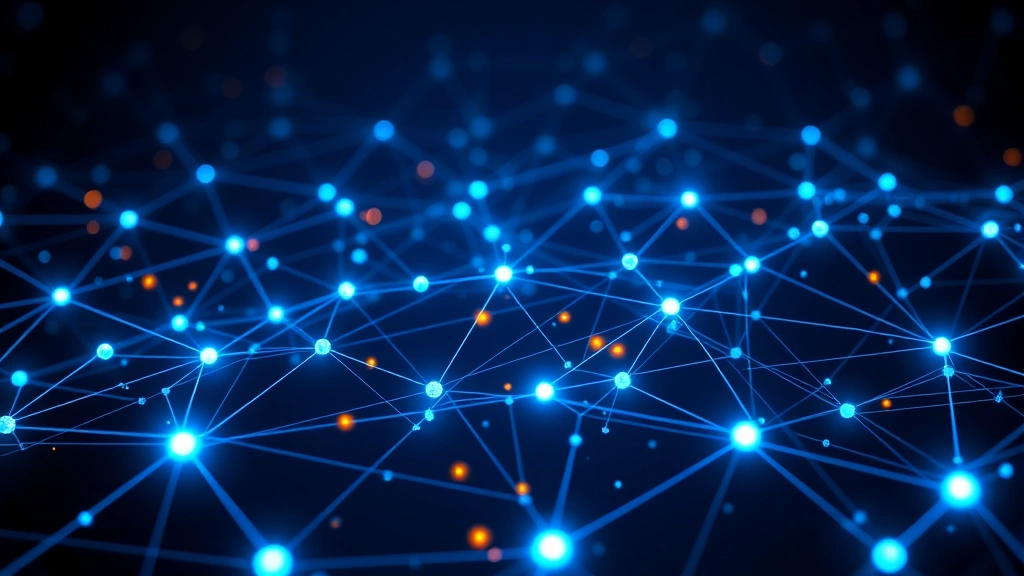 Photorealistic image of blockchain network visualization showing interconnected nodes and Bitcoin transactions as glowing data streams, abstract but detailed technical infrastructure representing decentralized network, dark background with neon blue accents