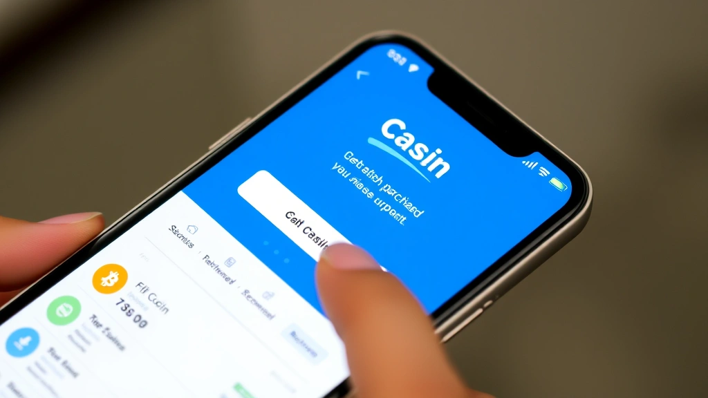 Smartphone displaying Cash App interface with Bitcoin purchase screen, blue and white color scheme, finger touching buy button, modern mobile banking app