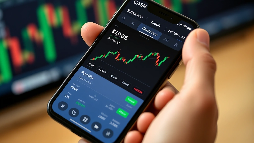 Person holding smartphone showing Bitcoin price chart and portfolio balance on Cash App, cryptocurrency trading dashboard, candlestick graphs visible