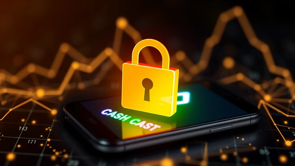 Security padlock icon overlaying smartphone screen with Cash App open, digital security concept, blockchain network background, protection theme