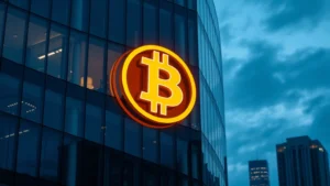 Modern glass office building with Bitcoin symbol illuminated on exterior at dusk, reflecting city lights, professional institutional setting