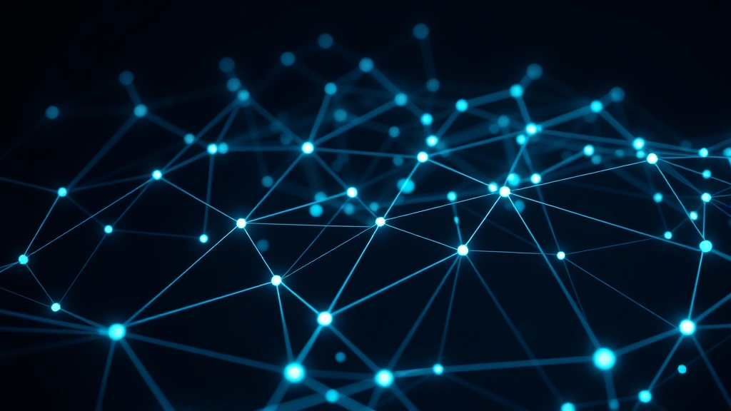 Blockchain network visualization with interconnected nodes and glowing pathways, abstract digital infrastructure, dark background with blue-green light trails