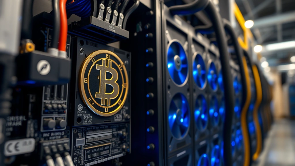 Close-up of an ASIC Bitcoin miner showing circuit boards and cooling systems, industrial cryptocurrency mining equipment in a well-lit facility with blue LED indicators