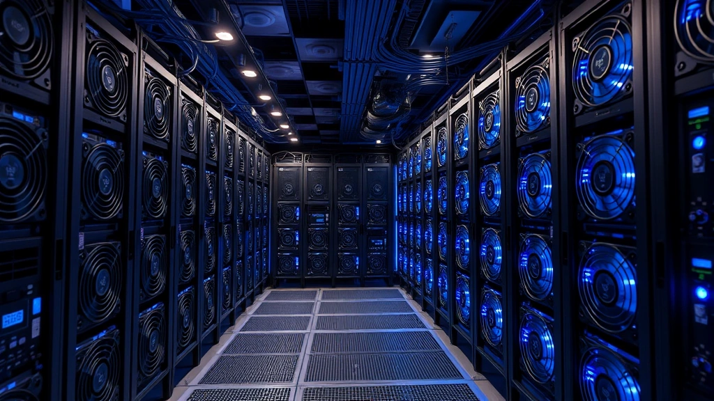 Mining farm interior with multiple ASIC miners arranged in rows, active cooling systems with blue LED lights, professional cryptocurrency mining operation setup