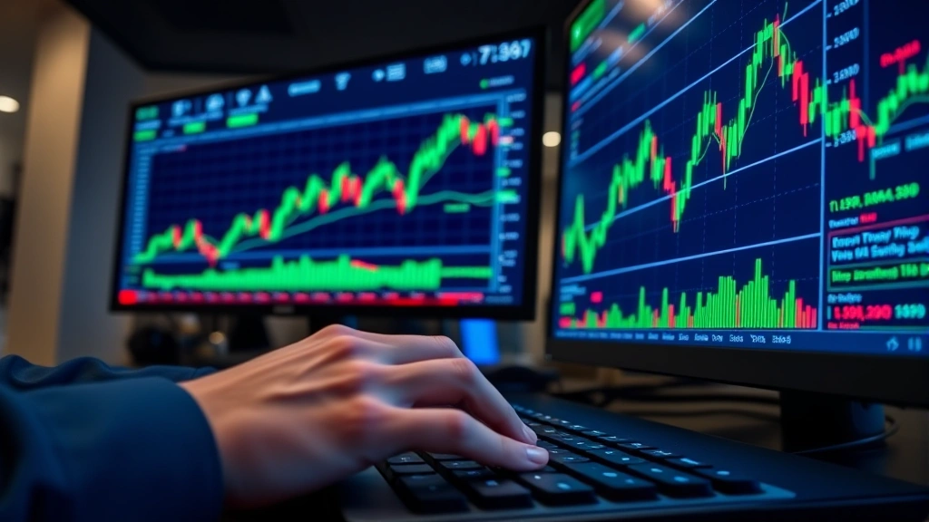 Close-up of a trader's hands on a keyboard with multiple cryptocurrency price charts glowing on high-resolution monitors in a modern trading room, professional atmosphere, blue and green color scheme