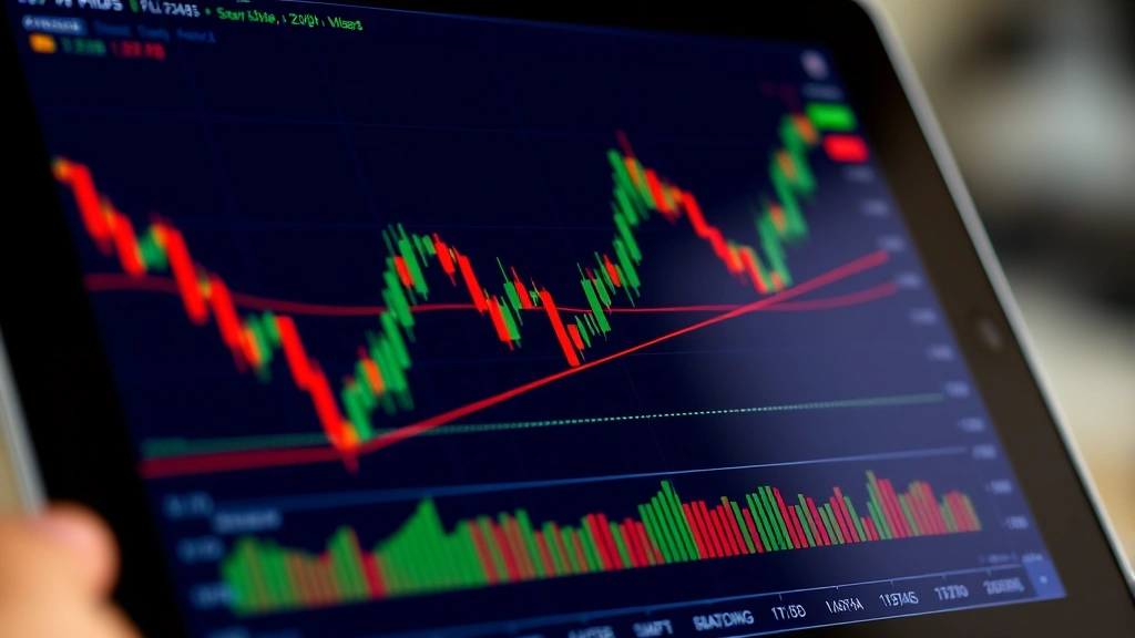 Detailed view of a Bitcoin candlestick chart with multiple technical indicators overlaid including moving averages and RSI, displayed on a tablet or monitor with selective focus on key price levels