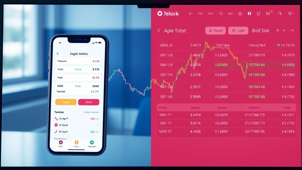 Split-screen showing a digital wallet interface on one side and a cryptocurrency exchange order book with bid-ask spreads on the other side, professional fintech aesthetic, clean modern design