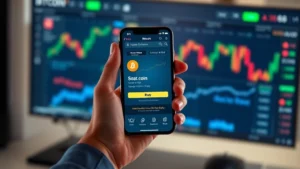 Hands holding a smartphone displaying a Bitcoin exchange app interface with buy button visible, modern cryptocurrency trading dashboard, professional lighting, realistic photo