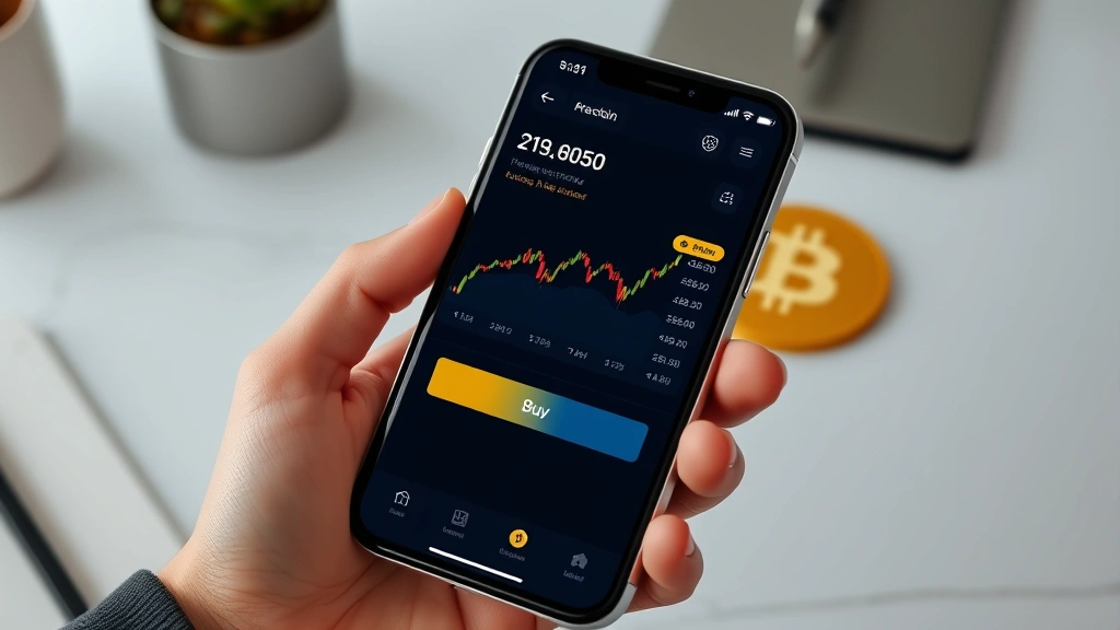 Close-up of a modern smartphone displaying a cryptocurrency exchange app interface with Bitcoin price chart and buy button, hands holding phone, minimalist desk background with Bitcoin logo