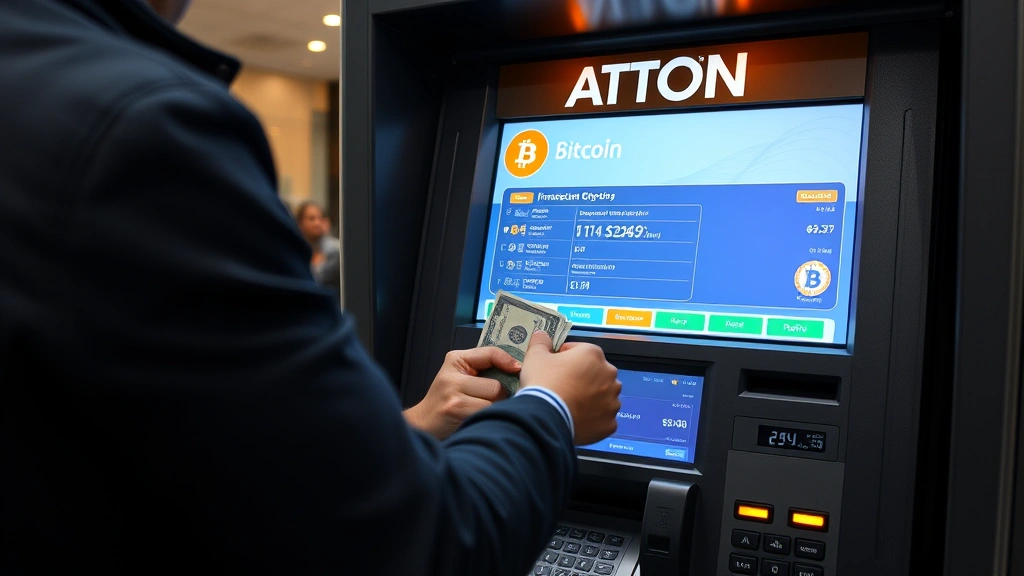 Person inserting cash into a Bitcoin ATM machine in a modern urban setting, cryptocurrency technology in real world, detailed machine display showing transaction status