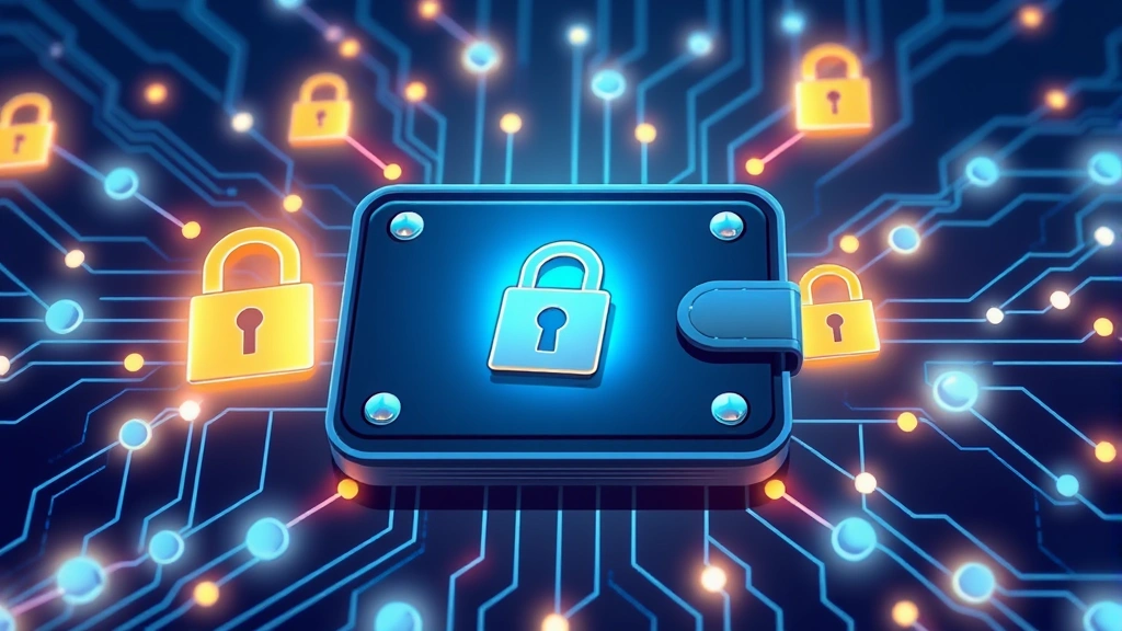 Digital illustration of a secure hardware wallet device surrounded by glowing blockchain nodes and lock symbols, representing cryptocurrency security and cold storage protection