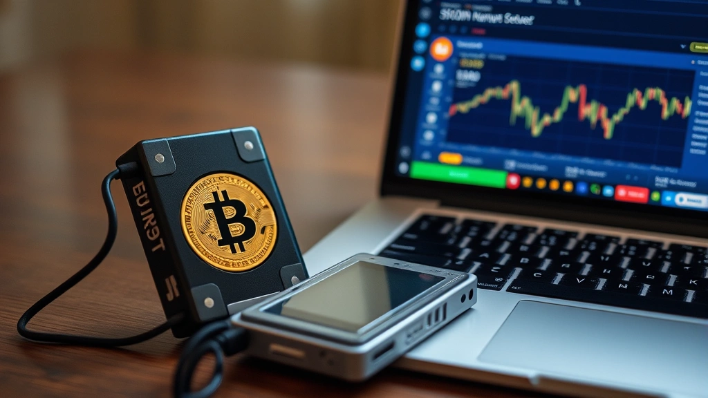 Secure hardware wallet device (Ledger-style) next to a laptop showing Bitcoin wallet interface, cybersecurity concept, professional cryptocurrency security equipment photography