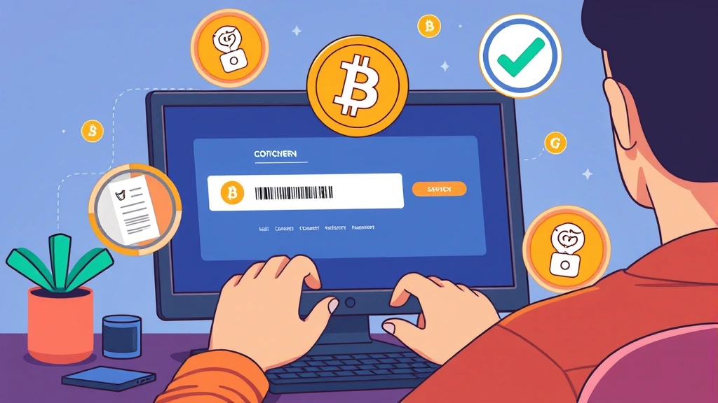 Illustration of a person reviewing Bitcoin purchase confirmation on computer screen with security badges, checkmarks, and digital certificates floating around, representing safe and verified transactions