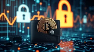 Photorealistic image of a secure digital wallet displaying Bitcoin cryptocurrency with blockchain network visualization and padlock security symbols in background, no text or numbers visible