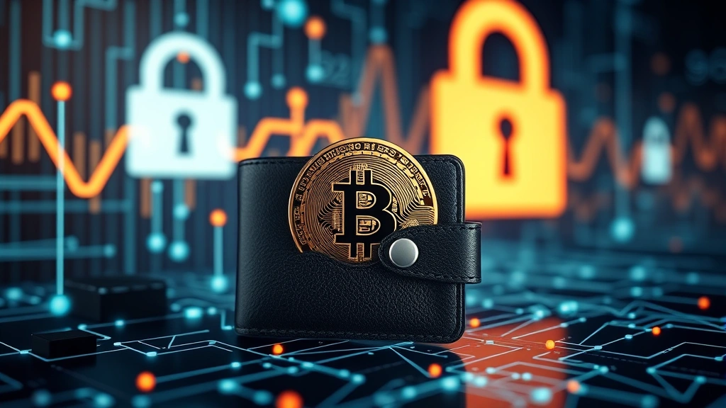 Photorealistic image of a secure digital wallet displaying Bitcoin cryptocurrency with blockchain network visualization and padlock security symbols in background, no text or numbers visible