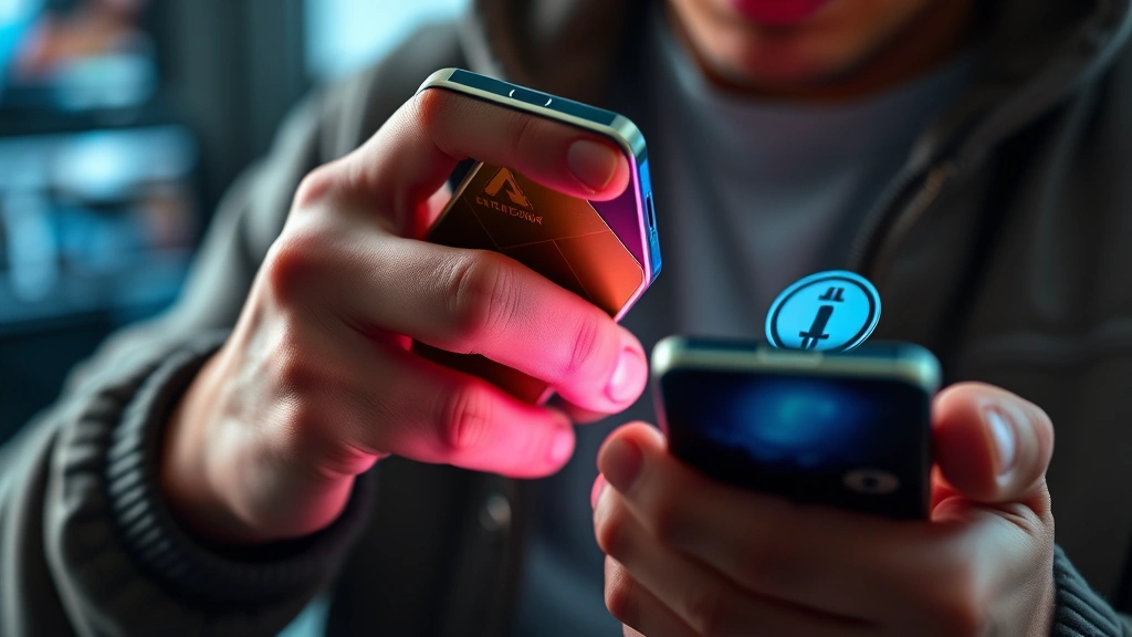 Photorealistic image of person using cryptocurrency hardware wallet and smartphone for secure transactions, showing digital security concept with encryption elements, no visible text or UI elements