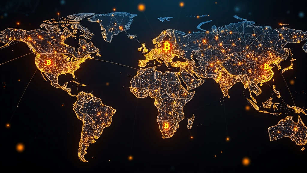 Photorealistic visualization of a global blockchain network with glowing nodes and connecting lines representing Bitcoin transactions across continents, abstract but grounded in real technology imagery, deep space aesthetic