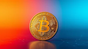 Photorealistic image of a physical Bitcoin coin positioned against a gradient background transitioning from deep blue to vibrant orange, symbolizing market volatility and potential gains. The coin shows detailed metallic texture and reflection, suggesting value and security. Background features subtle blockchain network patterns.