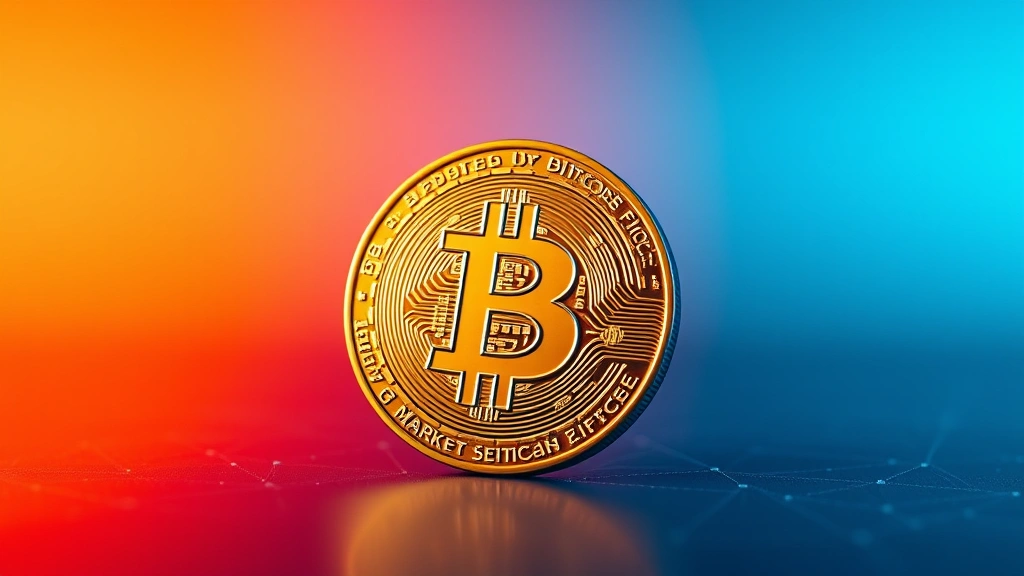 Photorealistic image of a physical Bitcoin coin positioned against a gradient background transitioning from deep blue to vibrant orange, symbolizing market volatility and potential gains. The coin shows detailed metallic texture and reflection, suggesting value and security. Background features subtle blockchain network patterns.
