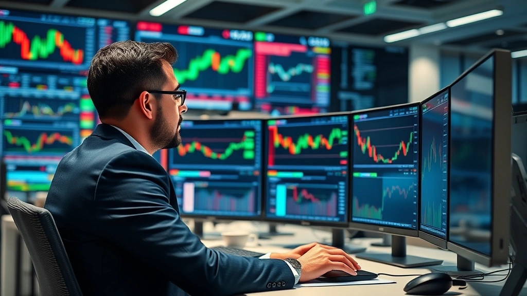 Photorealistic photograph of a professional financial analyst reviewing market data on multiple high-resolution monitors in a modern trading floor environment. Charts, candlesticks, and cryptocurrency data visible but not readable. Professional atmosphere with clean desk setup, demonstrating institutional involvement in crypto markets.