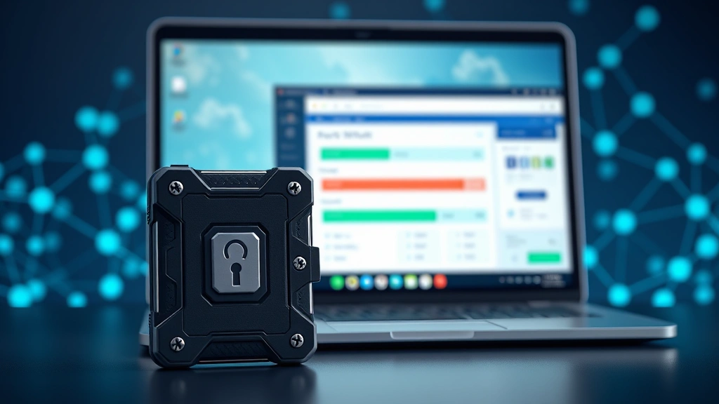 Photorealistic image of a secure hardware wallet device positioned next to a laptop screen showing a digital wallet interface. Soft professional lighting highlights the device's security features. Background shows abstract blockchain nodes and network connections in soft blue and green tones, representing decentralized security.